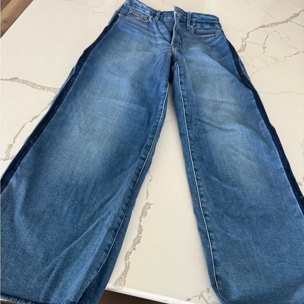 Good American Two-Tone Blue Flare Jeans